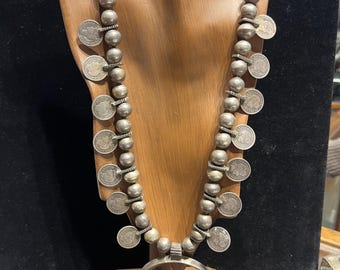 SOLD Old US dime coin Squash Blossom handmade sterling silver bead naja pendant necklace Native American Indian N8V NDN dimes beaded Pawn