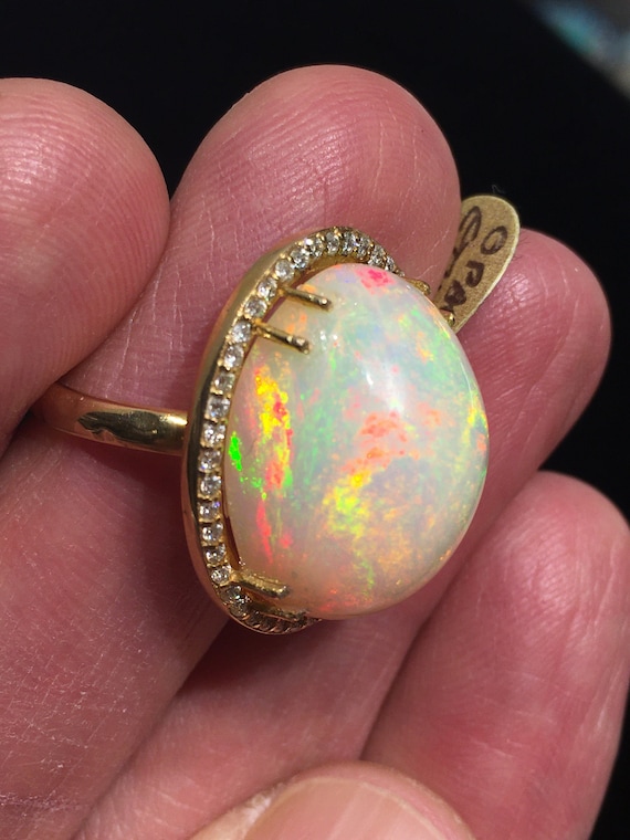 SOLD Ethiopian Opal Ring, 18K Gold, Diamond Halo, High Dome, Full Color Spectrum, Milky White Base