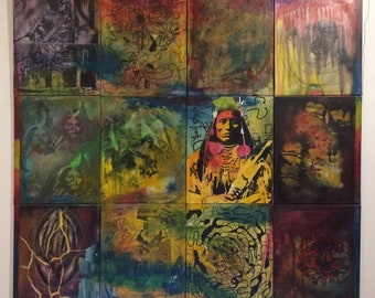 Medicine Crow Painting Assemblage: Natchez, Native American Indian, Graffiti Street Art Style, Santa Fe, multi media, XL, SHIPPING NOT Incl