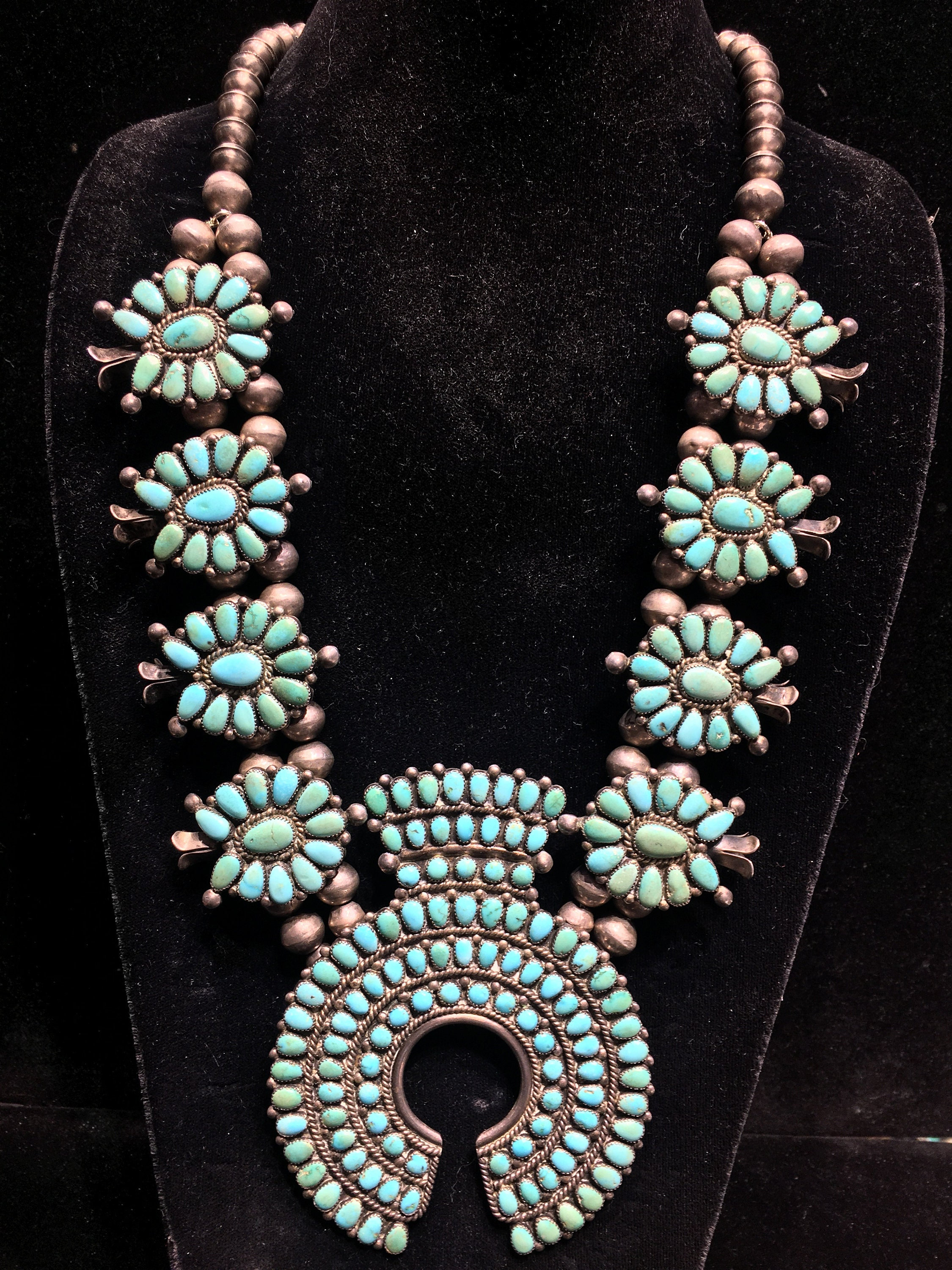 SOLD Gorgeous Old Vintage Navajo Squash Blossom Turquoise Necklace Multi stone shade Blue Green Soft Pastel Fine Petit Needle point Zuni