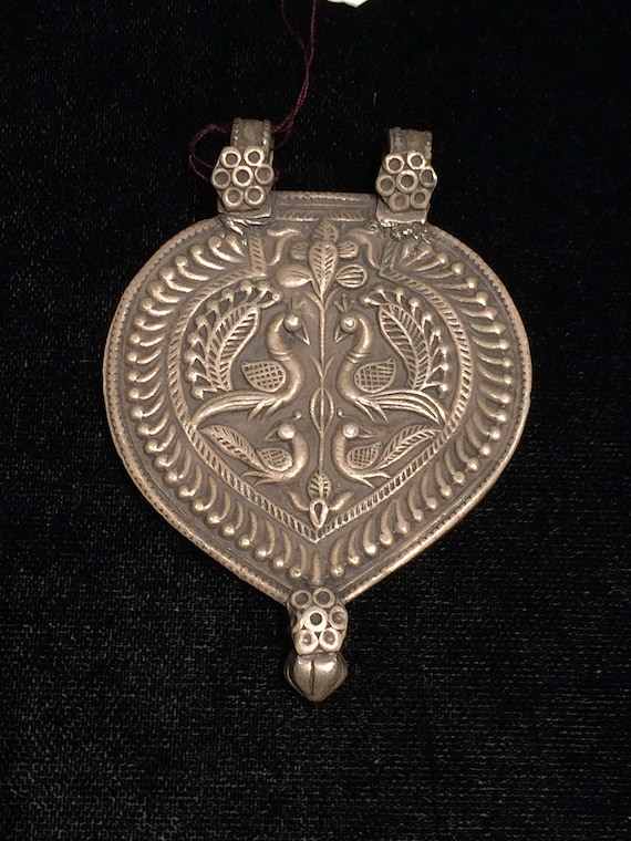Antique Indian India old silver pendant royal peac