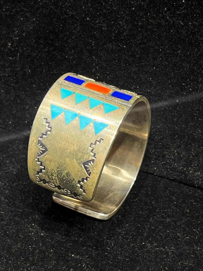 Zuni Inlay Sterling Silver Awanyu Cuff, Turquoise Coral Onyx, Avanyu ...