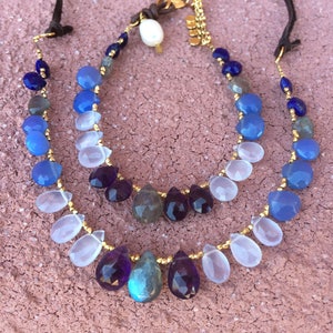 GONE Labradorita Pervinca Azul Calcedônia Pedra da Lua Ametista Lápis Ouro Vermeil Conjunto Colar Pulseira Coração Doce Presente Combinando