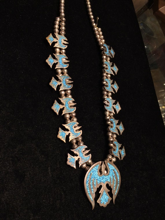 SOLD Navajo Peyote Bird Necklace Squash Blossom s… - image 3