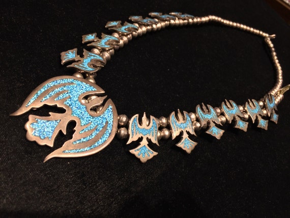 SOLD Navajo Peyote Bird Necklace Squash Blossom s… - image 2