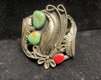 SOLD 1960s Navajo Turquoise Coral Sterling Silver Cuff Bracelet, 3D Sculptural Leaves, One of a Kind art piece