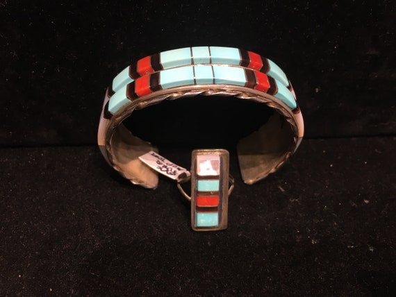 Multi stone Inlay matching set Zuni cuff bracelet… - image 8