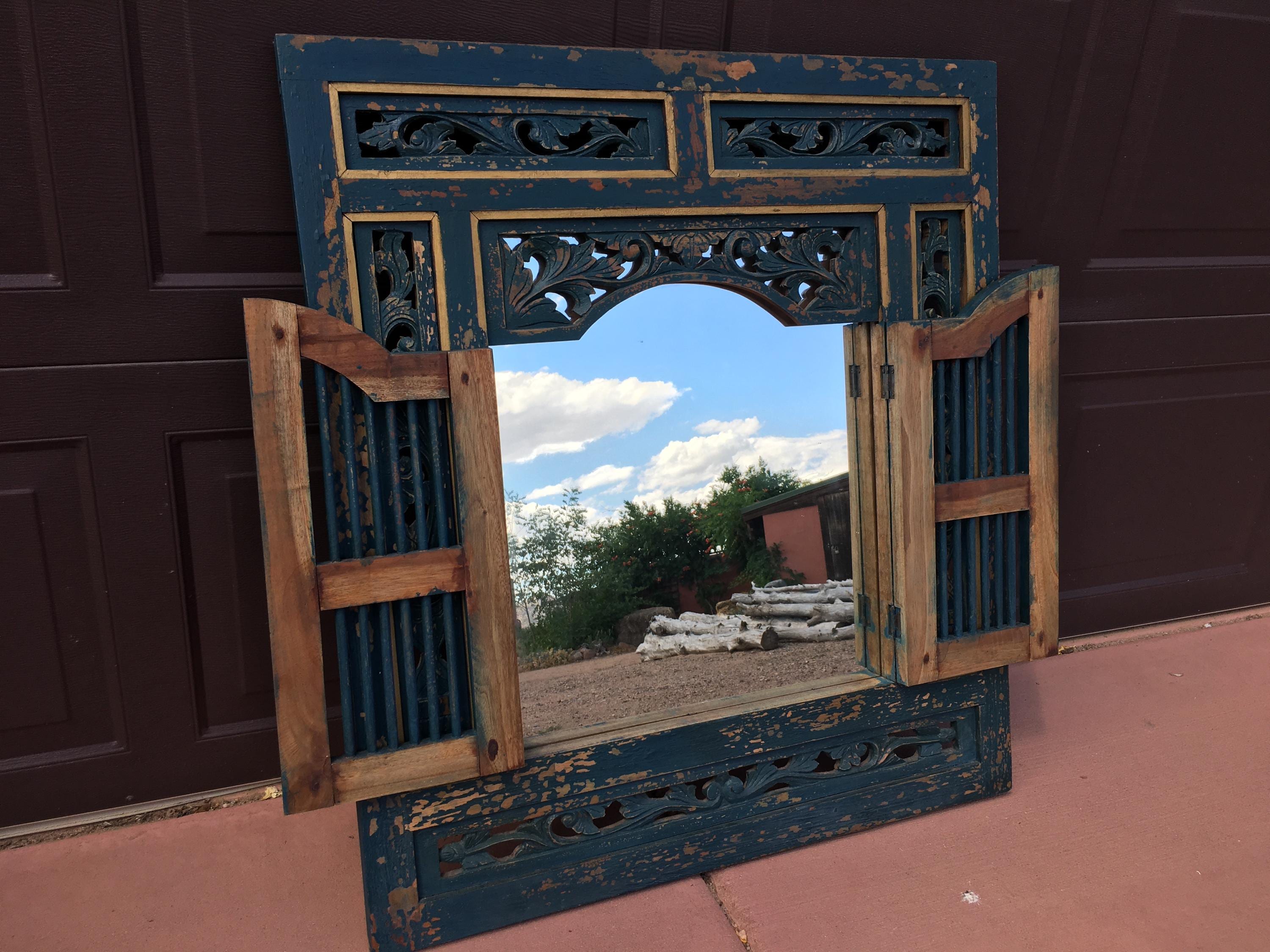 GONE Vintage Indonesian Carved Painted Wood Framed Glass Mirror