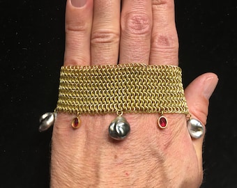 18K Gold Woven Cuff Bracelet, Ruby & South Sea Pearl Charms, Rubies Silver Pearls Fine Chain Link