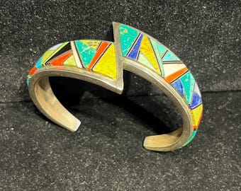 Multi-Stone angular Inlay Cuff Bracelet: Turquoise, Coral, Onyx & Sterling Silver