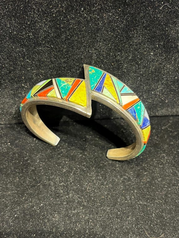 Multi-Stone angular Inlay Cuff Bracelet: Turquoise, Coral, Onyx & Sterling Silver