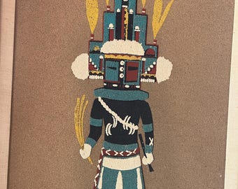 Vintage Hopi, Zuni, Navajo or Jemez Hemis Kachina Sand Painting, original art, Native American Indian, Large, wood framed
