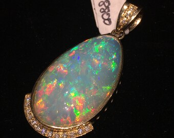 Ethiopian Opal necklace pendant, 27ct Rainbow Gemstone, Opalescence thru out, WOW, 14k Gold, Diamonds