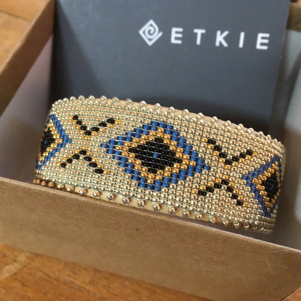 Etkie Navajo cuff bracelet Second Hand fine beaded cuff large Native American Indian women’s cooperative handmade Tribal black gold Unisex
