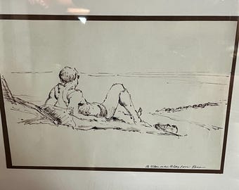 Elias Rivera Original Art Work, Pen & Ink Drawing / Sketch, Man relaxing at Beach or Lake Shore. S/H NOT Incl