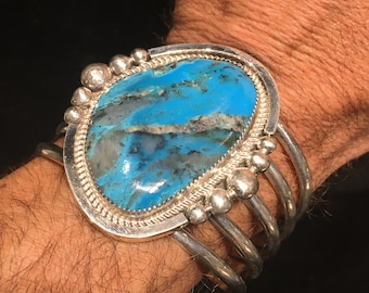 Navajo Kingman Turquoise Sterling Silver Cuff, Native American Indian, Ray Nez, huge stone, Pyrite