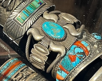 Exceptional Old Navajo Sterling Silver Turquoise Cuff Bracelet, Coral, Inlay, Tufa, Native American Indian