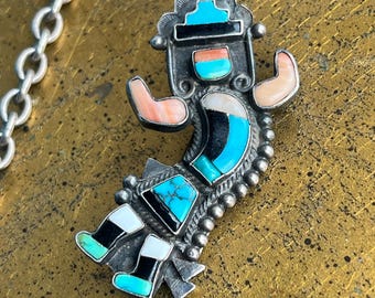 Early Zuni Rainbow Man Kachina Inlay Brooch Pin, Turquoise, Spiny Oyster, Coral, Onyx, Alabaster, Silver, Native American Indian, Old Pawn