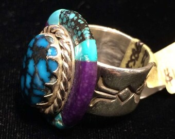 Fine art Navajo inlay ring Bisbee Turquoise Sugilite sterling silver Kerah Tsosie Award winning Native American Indian female collectable