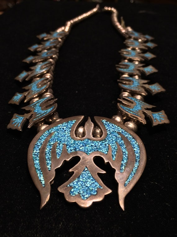 SOLD Navajo Peyote Bird Necklace Squash Blossom s… - image 4