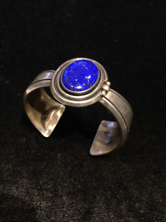 Old vintage MCM Lapis Lazuli cuff bracelet Sterli… - image 2