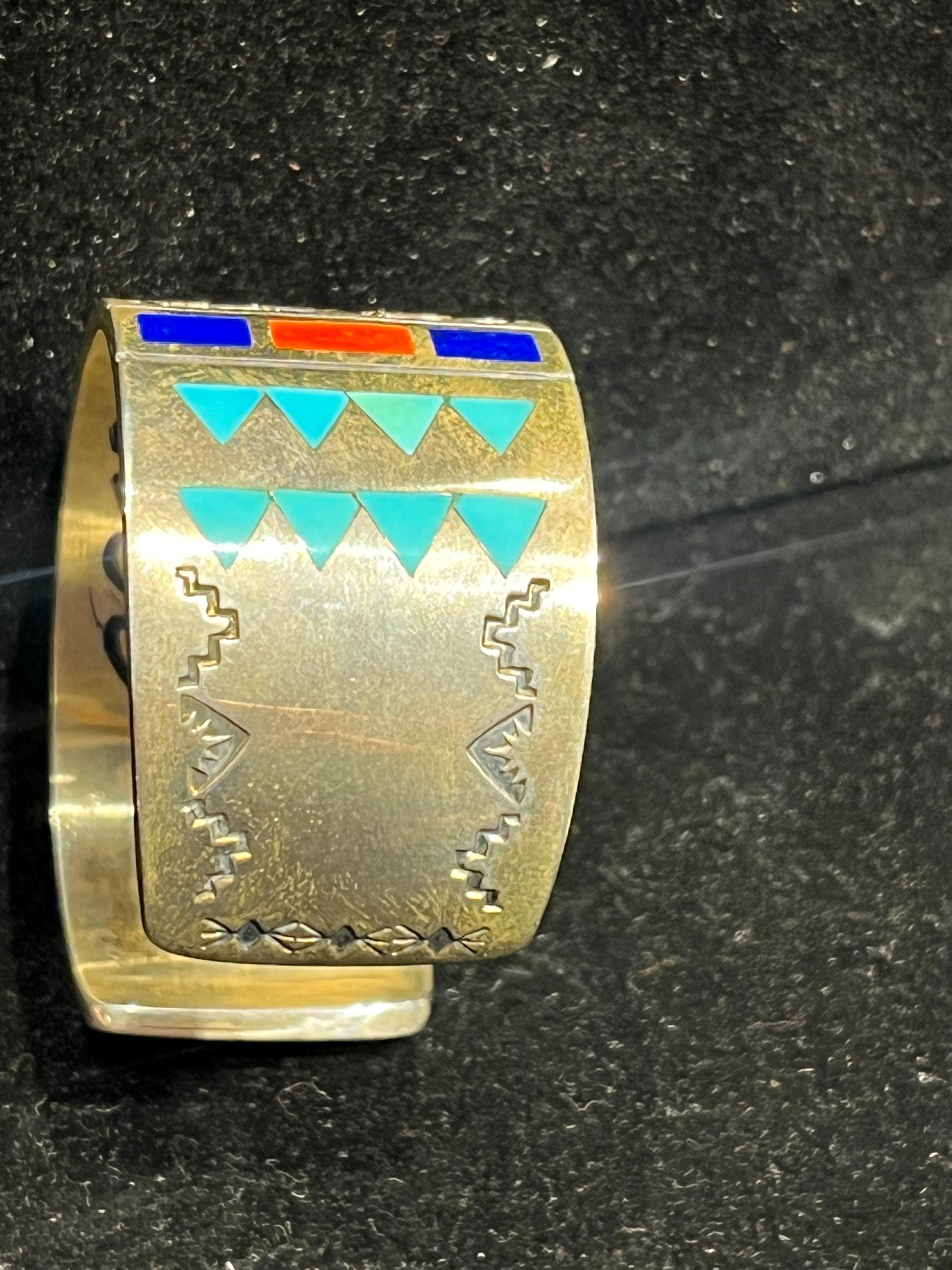 Zuni Inlay Sterling Silver Awanyu Cuff, Turquoise Coral Onyx, Avanyu ...