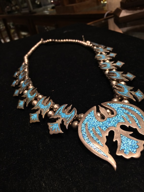 SOLD Navajo Peyote Bird Necklace Squash Blossom s… - image 5