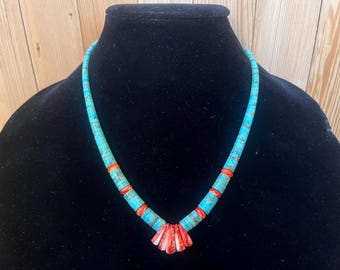 Navajo Turquoise Necklace, Spiny Oyster shell, multi-stone, Native American Indian, Old traditional style, graduated choker, Tribal, Boho