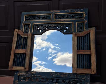 GONE Vintage Indonesian Carved Painted Wood Framed Glass Mirror