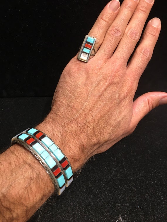 Multi stone Inlay matching set Zuni cuff bracelet… - image 9