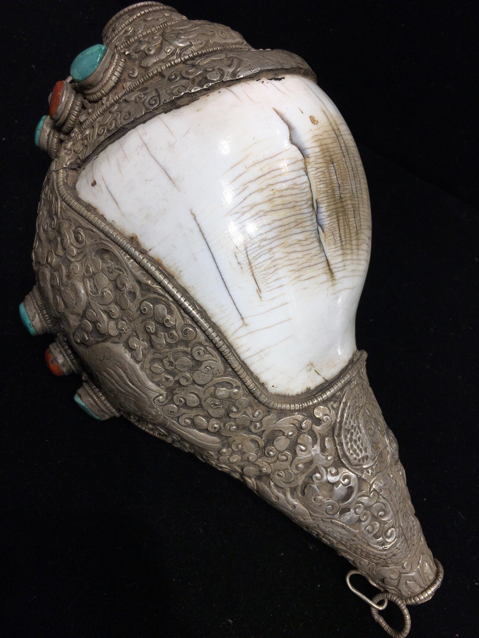 Antique Tibetan Conch Shell Horn: Sterling Silver Repousse, Turquoise ...