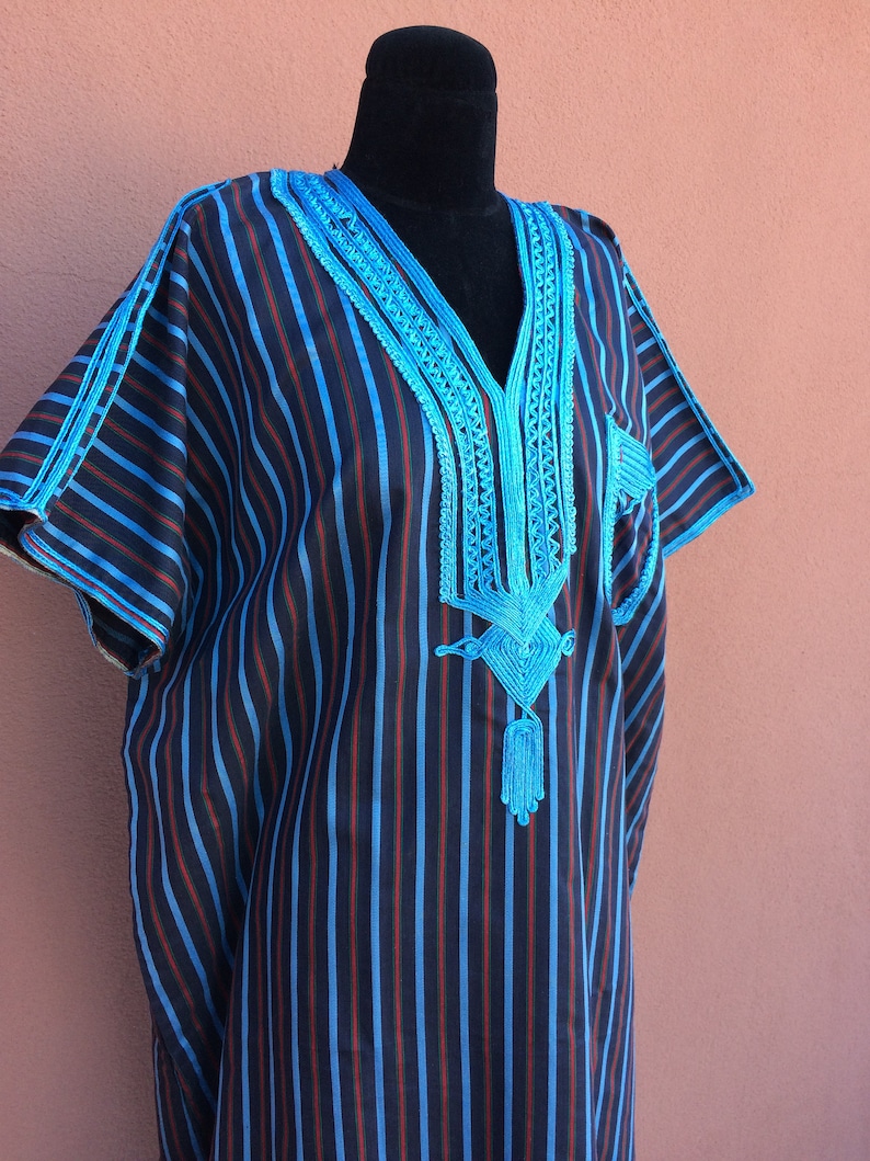 Vintage Moroccan kaftan caftan djellaba Striped blue red Unisex maxi dress cotton natural embroidered embroidery lounge Boho Chefchaouen