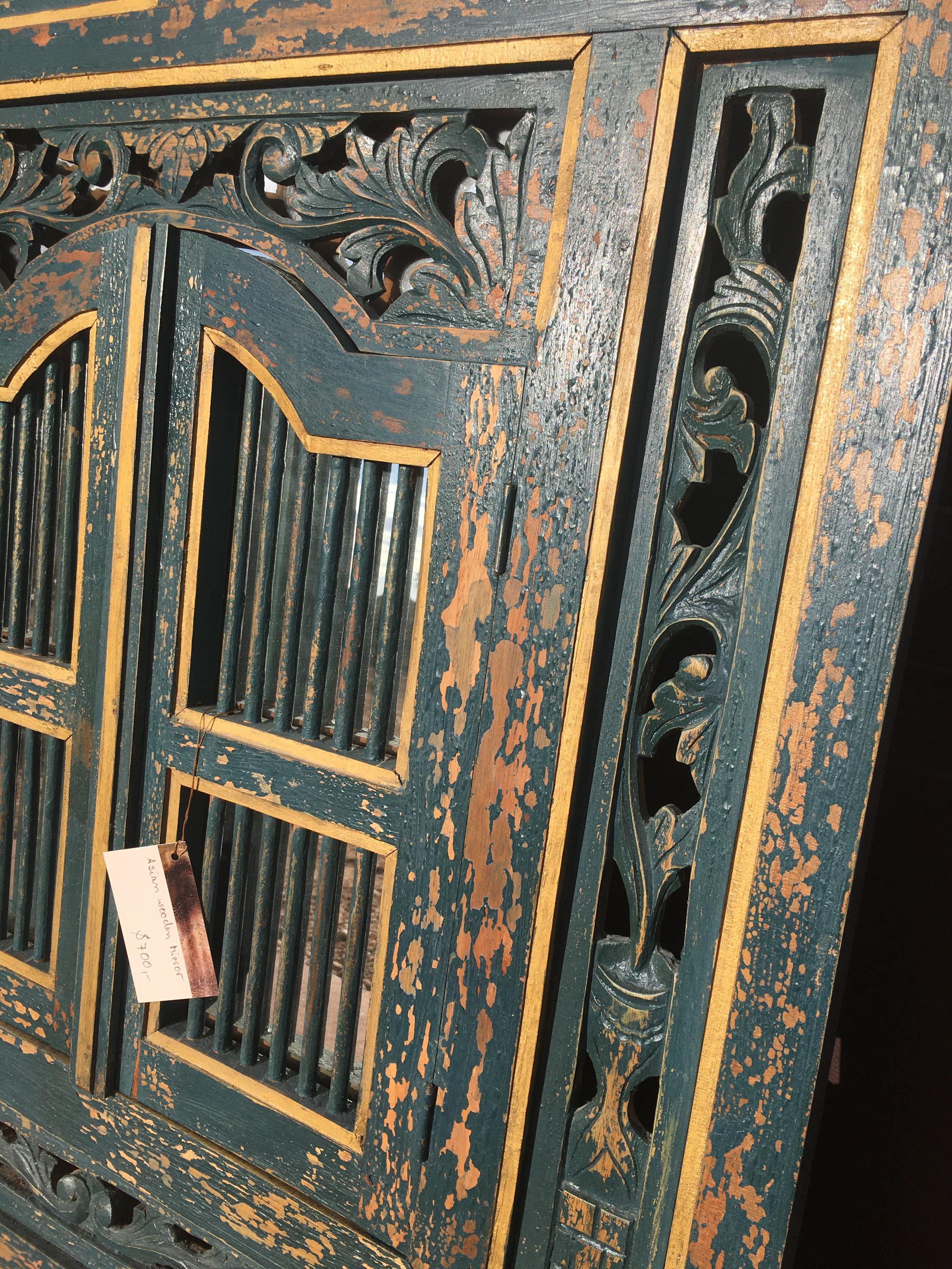 GONE Vintage Indonesian Carved Painted Wood Framed Glass Mirror