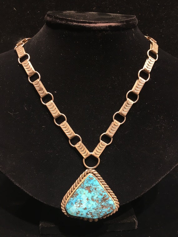 Native American Rare Vintage Santo Domingo Signed Pilot Mountain Turquoise Silver Necklace Native American Rare Vintage Santo Domingo Signed Pilot Mountain Turquoise Silver Necklace