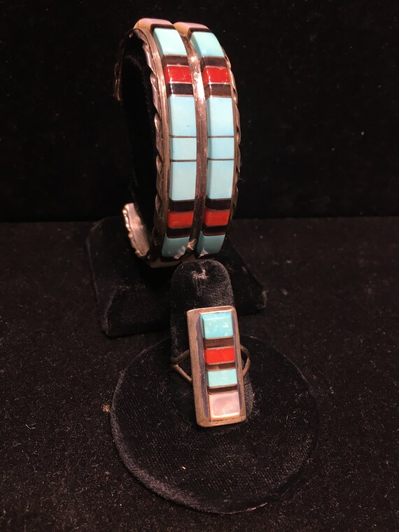 Multi stone Inlay matching set Zuni cuff bracelet… - image 4