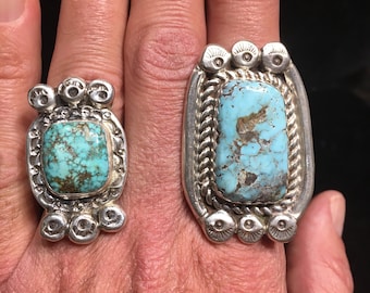 Wayne Aguilar Morenci Turquoise Sterling Silver art Ring, Native American Indian Santo Domingo Kewa Pueblo, Eyes stamp work