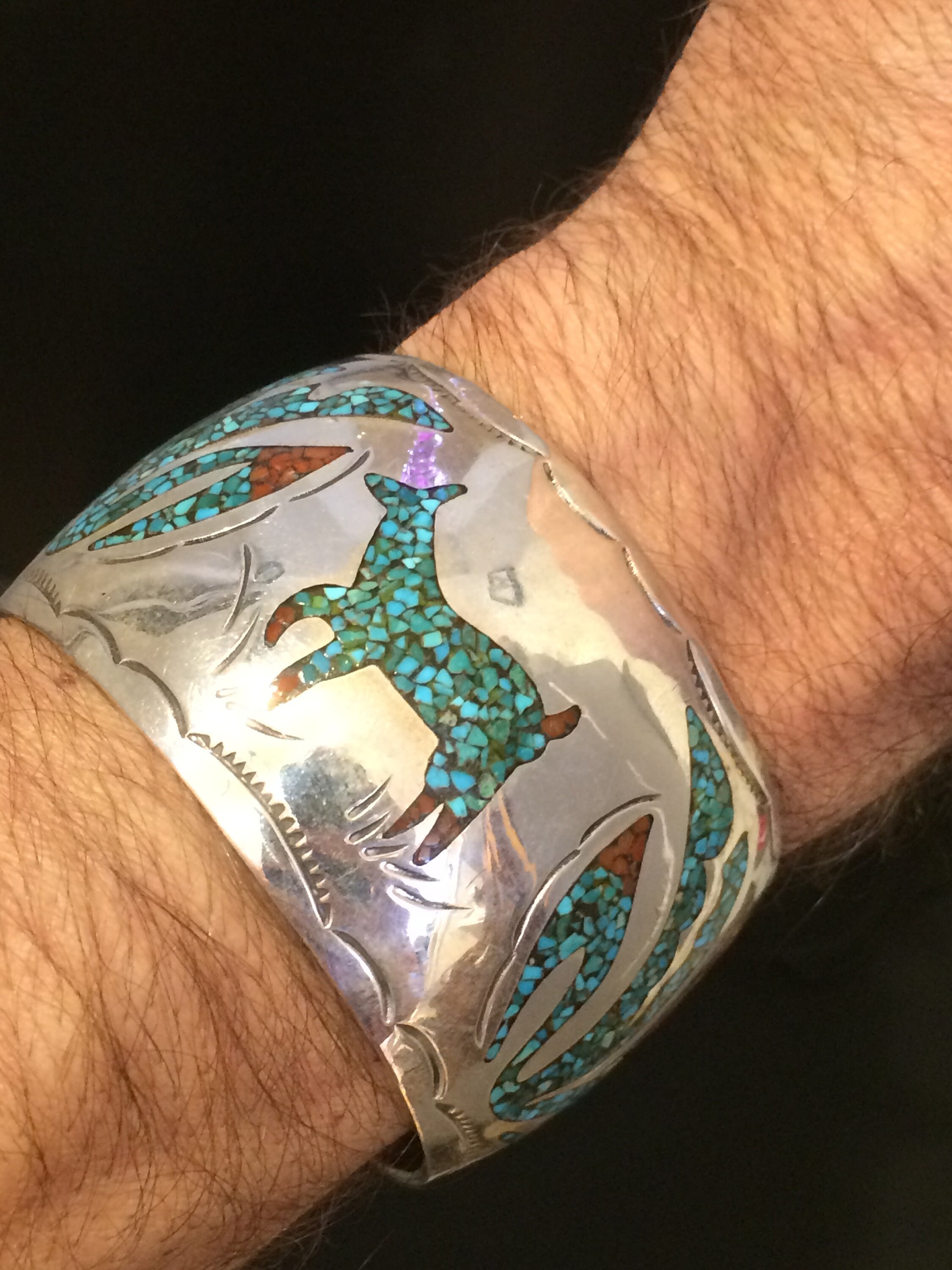 Sample Sale - Navajo Red Coral Chip Inlay Silver Cuff