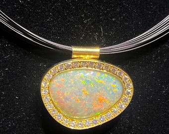 Australian Opal with Diamond Halo & 18K Gold Pendant Necklace