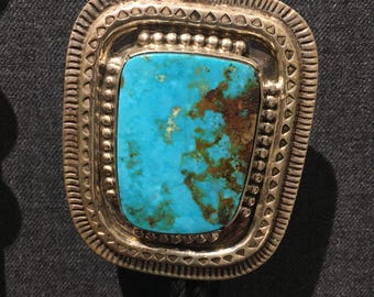 Royston Turquoise Bolo Tie, Sterling Silver, leather, Wayne Aguilar Native American Indian Santo Domingo