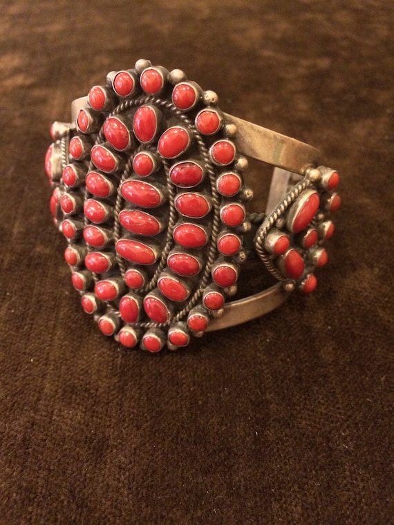 Signed Vintage Native American Zuni Coral Sterling Silver Cluster Bracelet Old Signed Vintage Native American Zuni Coral Sterling Silver Cluster Bracelet Old