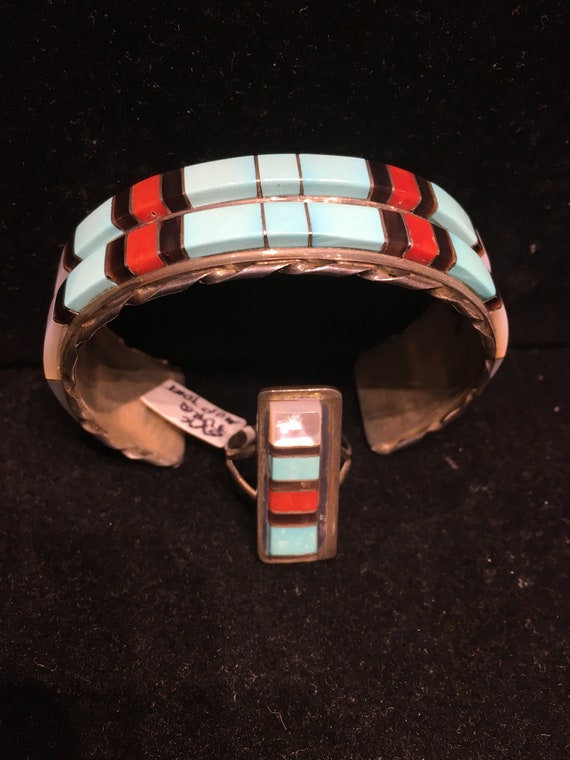 Multi stone Inlay matching set Zuni cuff bracelet… - image 5