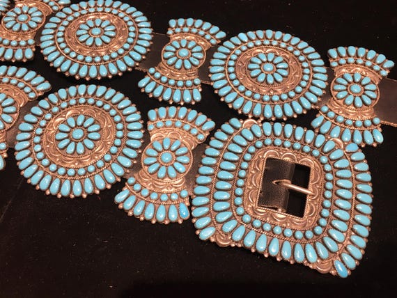 Tremendous Vintage Native American Navajo Kingman Turquoise Sterling Silver Concho Belt Tremendous Vintage Native American Navajo Kingman Turquoise Sterling Silver Concho Belt