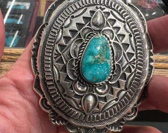 Navajo Sterling Silver Concho Bolo Tie, Fox Turquoise, Native American Indian, overlay, hand stamped, Maloney