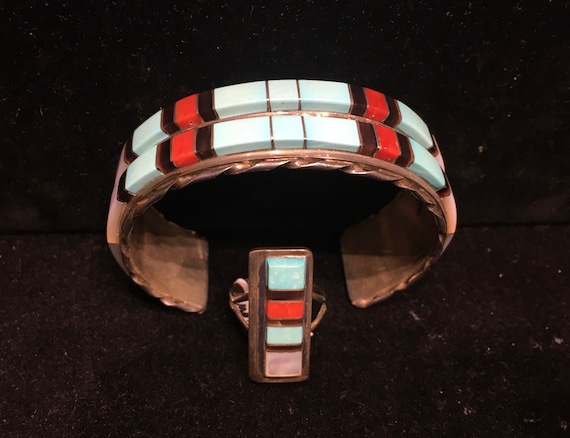 Multi stone Inlay matching set Zuni cuff bracelet… - image 1