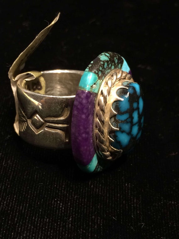 Exquisite Vintage Native American Navajo Sugulite Inlay Sterling Silver Hoop Earrings Exquisite Vintage Native American Navajo Sugulite Inlay Sterling Silver Hoop Earrings
