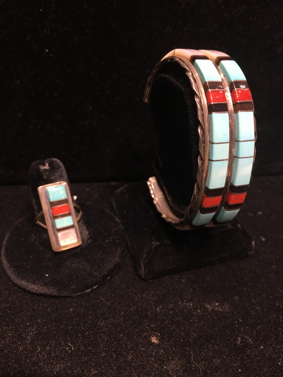 Multi stone Inlay matching set Zuni cuff bracelet… - image 7