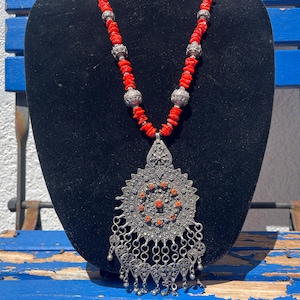 Antique Berber Silver Coral Pendant JADU Design Necklace fine irregular Mediterranean coral Sterling beads India Morocco Moroccan Bohemian