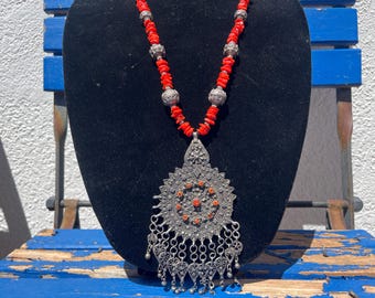 Antique Berber Silver Coral Pendant Necklace, Mediterranean, Sterling beads, India Morocco Moroccan Boho