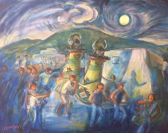 Gary Gist Shalako Painting, Native American Zuni Impressionist Art original signed night moonlight Kachina Rain Bringer Dance, S/H NOT INCL