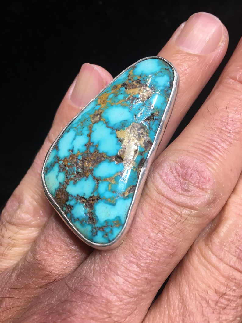 we took our beloved hand hammered band and made it... Huge Nevada Turquoise Sterling Silver Ring, Hand Hammered Band, Royston ...